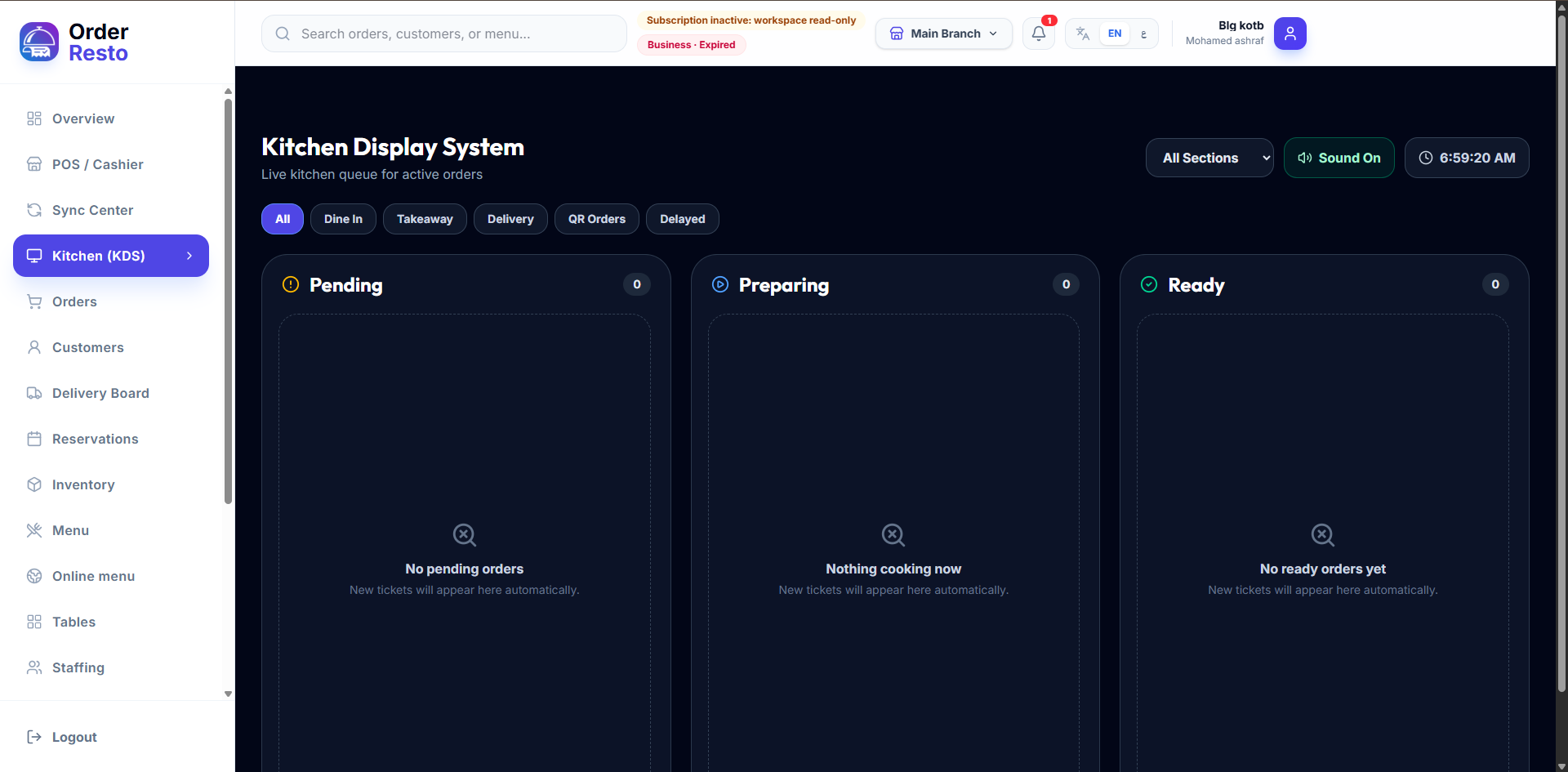 Order lifecycle screen with Pending, Preparing, Ready, Completed and Cancelled statuses