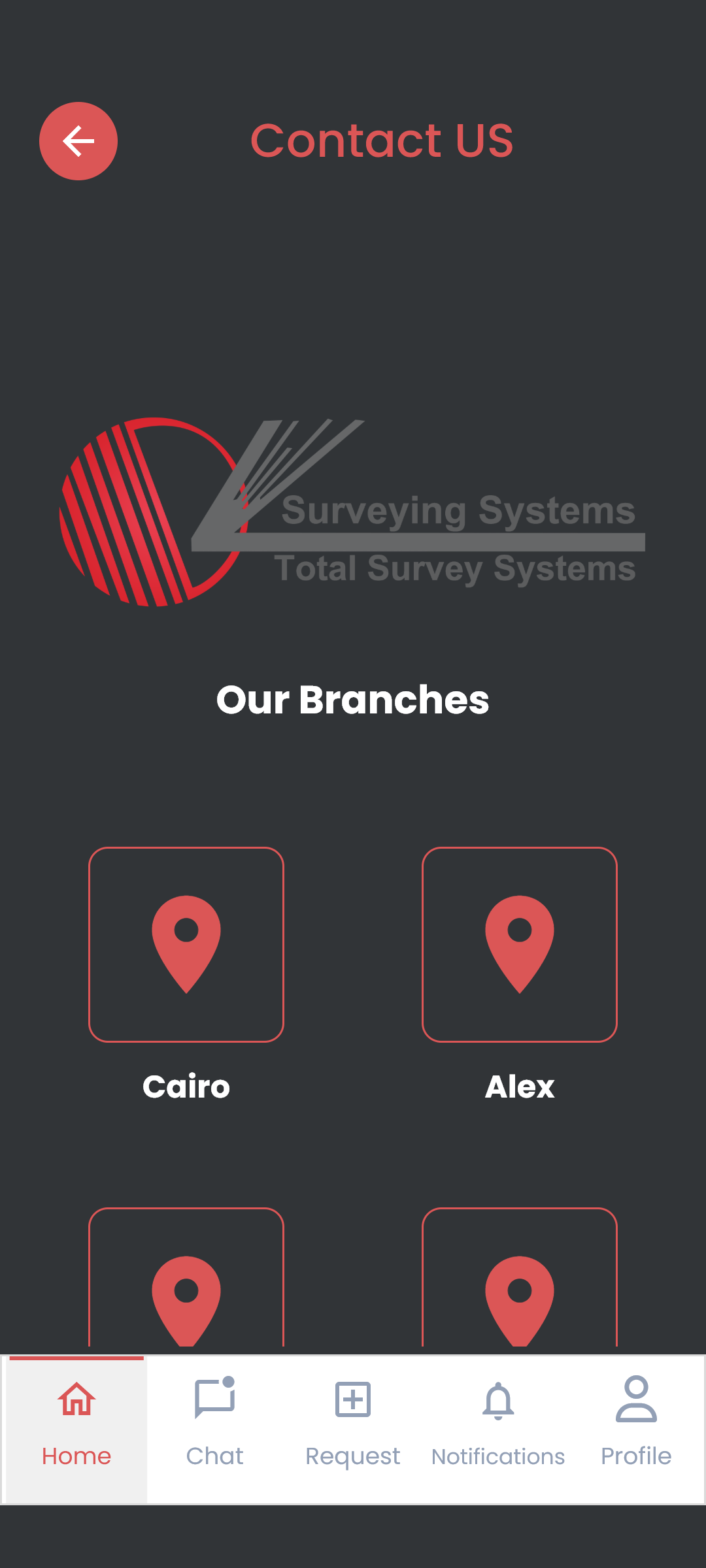 Surveying services list screen with product presentation in Surveying System app