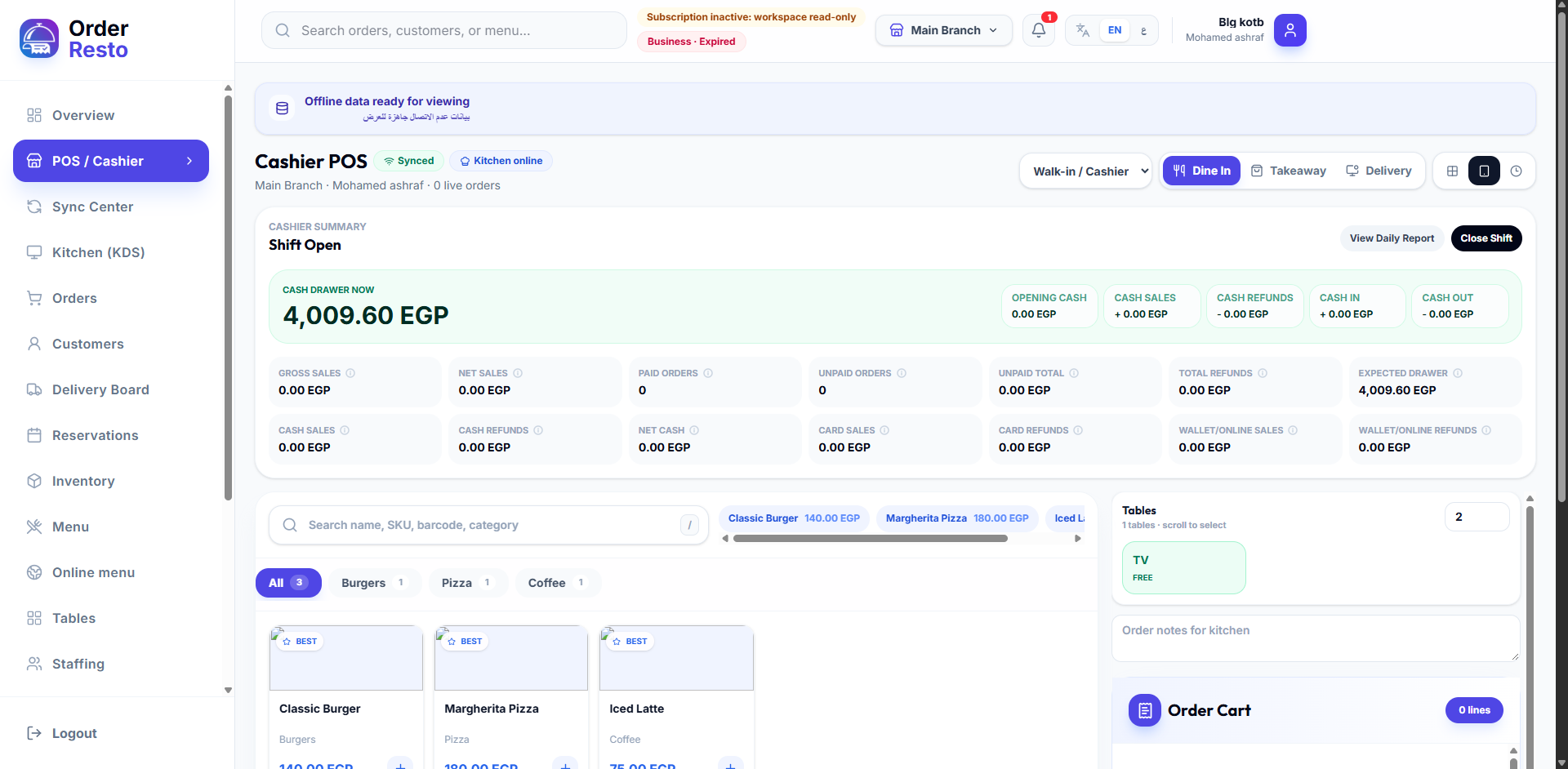 Table and session management view with multiple orders and partial checkout in Order Resto